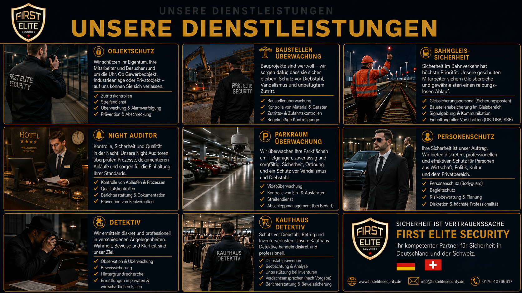 Übersicht der Dienstleistungen von First Elite Security